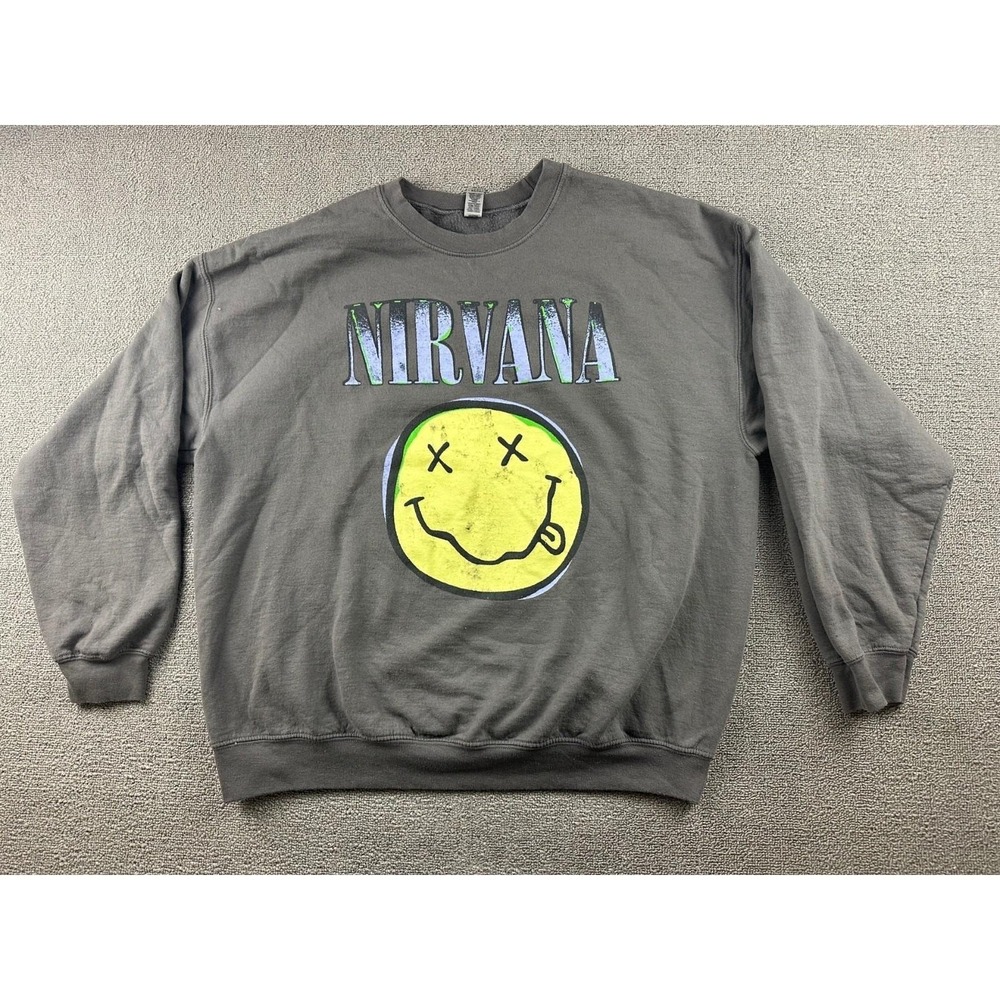 Vintage Gildan Sweatshirt Unisex Adults XL Gray Nirvana Graphic Band Grunge Rock
